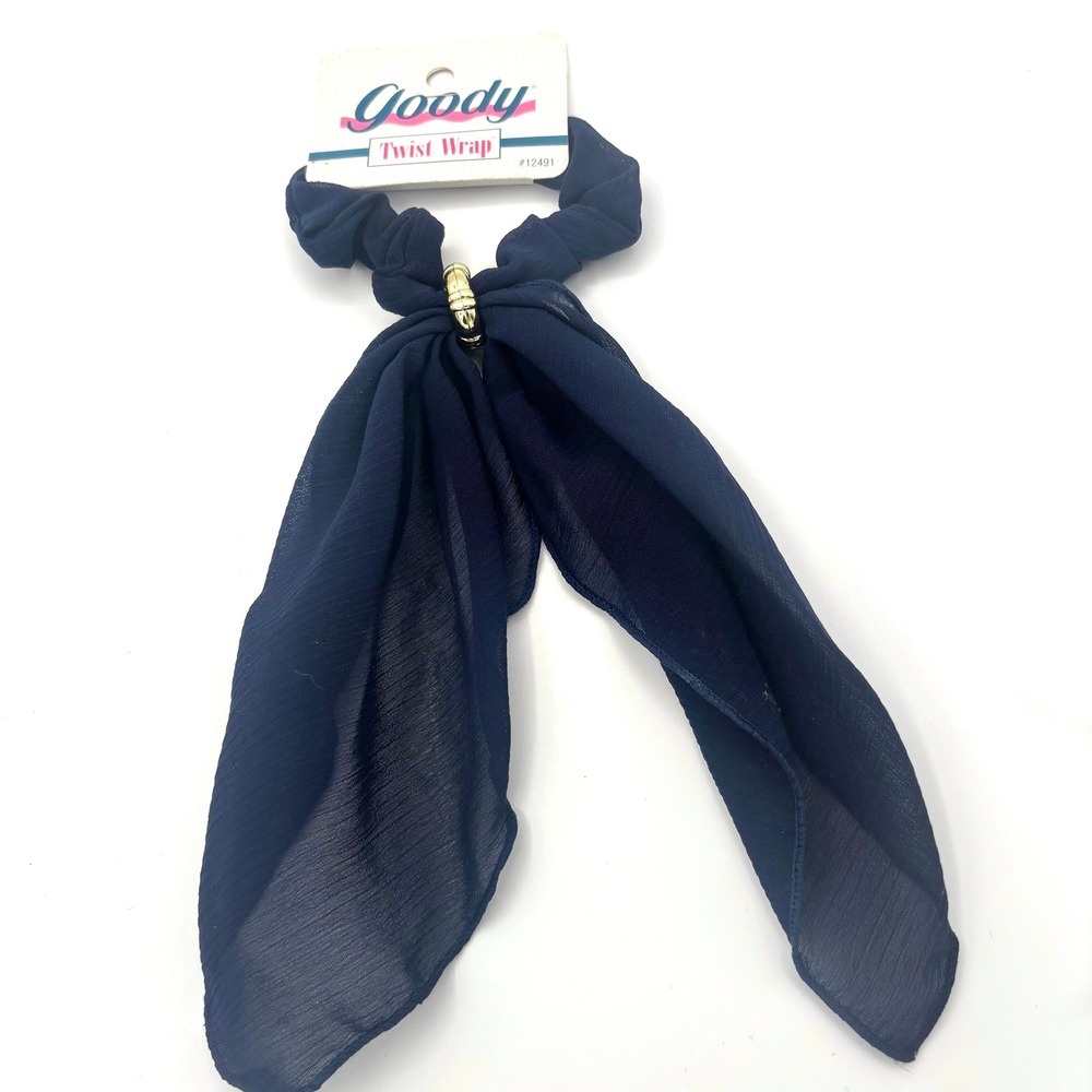 Vintage 90s Goody Women Twist Wrap NOS Navy Blue Gold Hair Scrunchie Scarf 12491